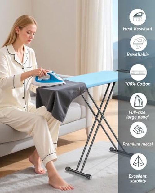 Ironing Board Full Size 10"x6" - Adjustable Height Foldable Iron Board with Iron Rest, Heat-Resistant Cover & Ultra Thick Padding - Heavy-Duty Sturdy Design, Space-Saving Ironing Table (Blue)