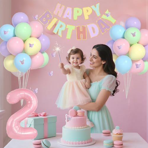 Yumiche 2nd Birthday Decorations for Girl - Pastel 2nd Birthday Party Set with Balloons & Banner (2-pastel / 2nd)