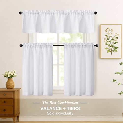 LIVEKID White Faux Linen Short Kitchen Curtains 30"W x 24"L - 2 Panels