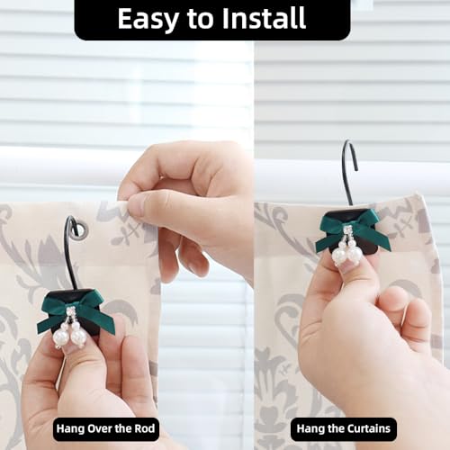 Green Satin Bowknot Shower Curtain Hooks Set - 12 Metal Hangers for Bathroom & Bedroom