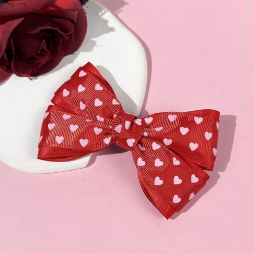 Valentine's Day Red Heart Hair Bow Clips 2 Pack Grosgrain Ribbon Barrette