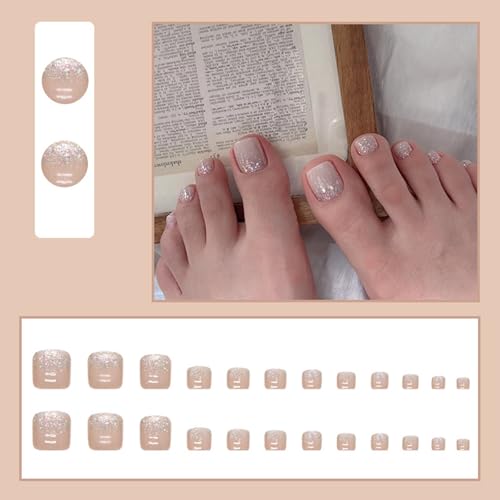 Hayooha Nude Glitter Toe Press on Nails - Short Square False Toenails