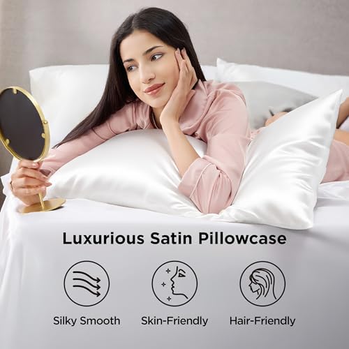 Queen Satin Pillowcases Set of 2 - Pure White Silk-Like Fabric