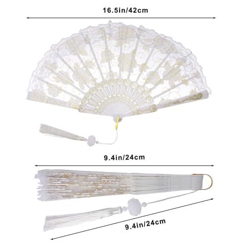 Jmkcoz White Lace Handheld Folding Fan with Embroidered Flowers for Weddings & Parties