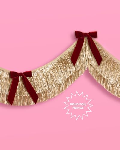 Gold Fringe Banner with Burgundy Velvet Bows - 6 Ft Party Decor