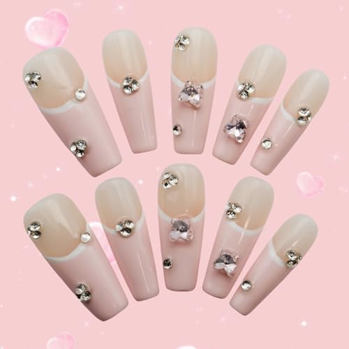 Pink French Tip Press on Nails Medium Coffin Fake Nails with Rhinestones
