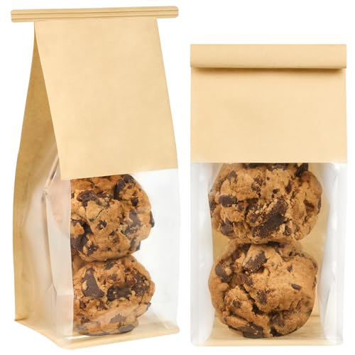 Ocmoiy Small Cookie Bags with Window - 50 Pack, 3.9x3.5x9.5 Inches, Food-Grade Kraft Paper with Sealable Tin Ties