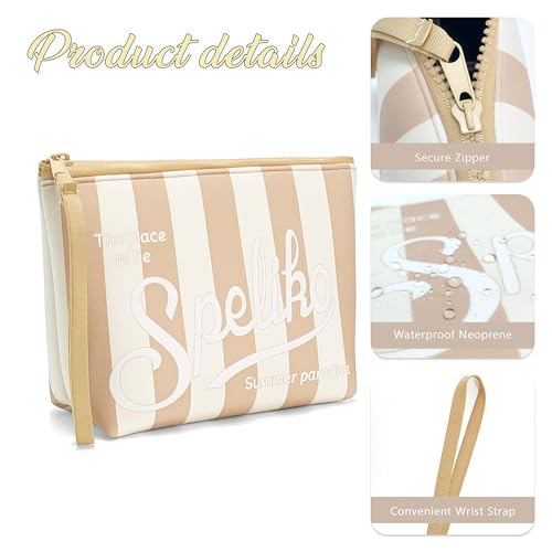 SPELIKO Waterproof Neoprene Makeup Bag with Wrist Strap & Stripe Print