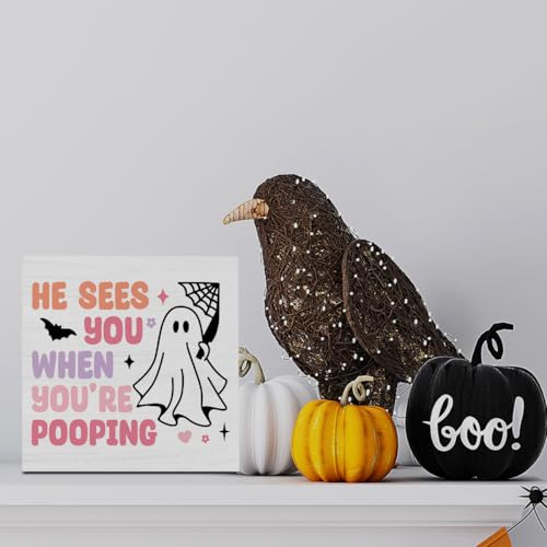 Cute Pink Ghost Pooping Halloween Decor - 5x5 Wooden Sign