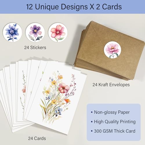 24 Floral Blank Note Cards with Envelopes - 4x6 Wildflower Design for All Occasions