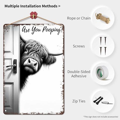 Funny Highland Cow Bathroom Wall Decor Sign - 8x12 Inch Aluminum