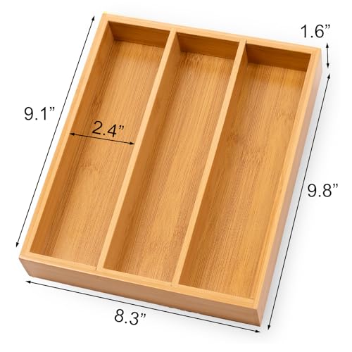 Fibogollo Bamboo Silverware Organizer - Natural 3 Compartment Utensil Tray