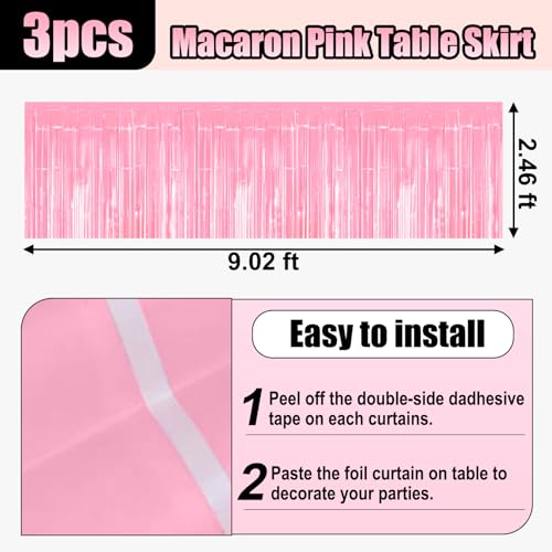 Macaron Pink Foil Fringe Table Skirt - 29x108 Inches Party Decoration Set of 3