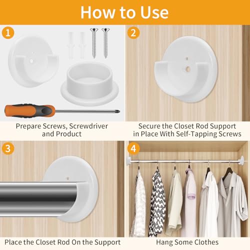4 Pack Plastic Closet Rod Holders - 1-3/8 inch Support Brackets for Wardrobe & Shower Rails