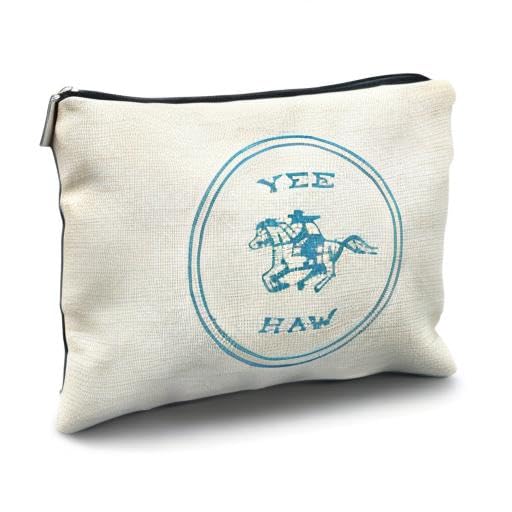 Yee Haw Cowgirl Makeup Bag - Western Linen Cosmetic Pouch for Women