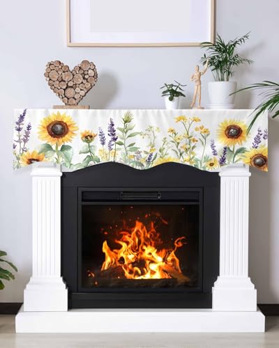 Spring Floral Fireplace Mantel Scarf, 70x17 Inch Watercolor Sunflower Runner