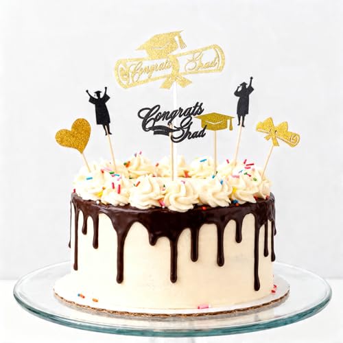 Gold Graduation Cake Toppers Set - 7PCS Congrats Grad Picks 2026
