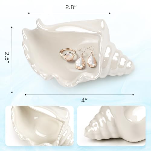 PUDDING CABIN White Conch Shell Jewelry Dish - Coastal Beach Vanity Ring Holder - Conch-White