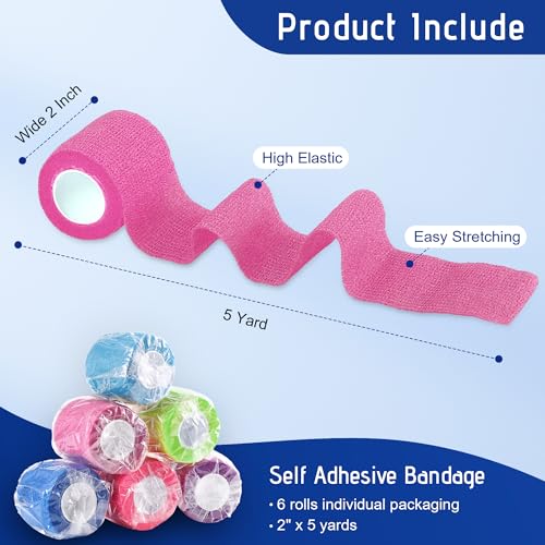 6 Pack Self Adhesive Bandage Wrap 2 Inch X 5 Yards Athletic Tape, Elastic Self Adherent Tape for Ankle, Wrist, Bandage Tape (Colorful)