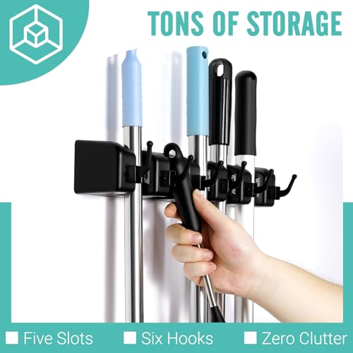 InPoTo Wall Mount Broom Holder, 5 Slots 6 Hooks Mop Organizer Rack (1-Pack)