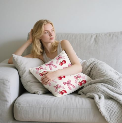Pink Bow Tie Cherry Pillow Cover - 18x18 Inch Preppy Cushion Case