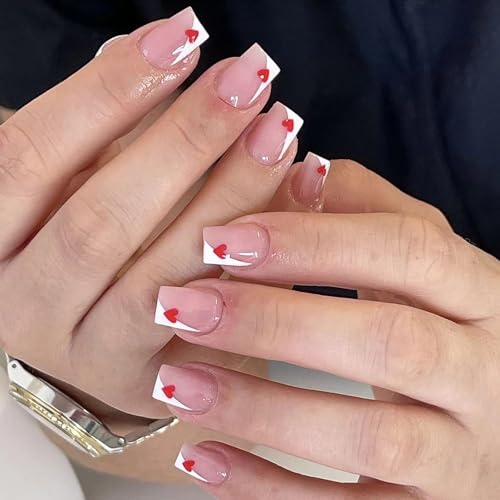 LYLYNB Valentine Heart Press on Nails French Tip Short Square Acrylic False Nails