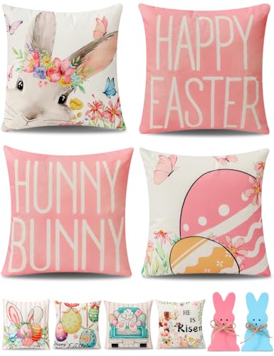 8-Sided Easter Pillow Covers Set of 4 with Bunny Decor