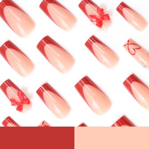 French Tip Press on Nails Square 3D Bow Rhinestone False Nails