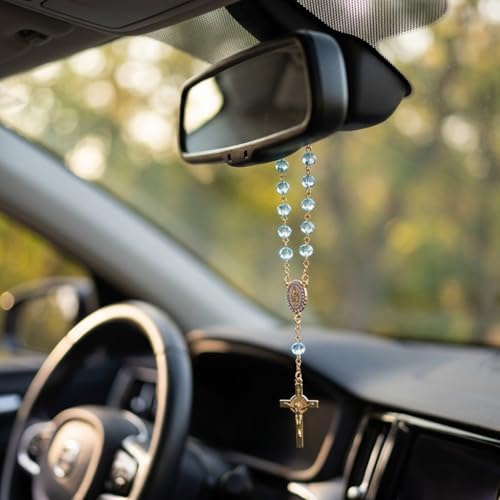 Elegant Blue Rosary Pendant for Car Rearview Mirror Hanger