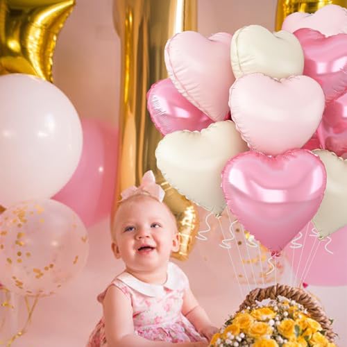 Pink Heart Balloons - 18 Inch Foil Balloons for Parties (12Pcs, Pink-2 Variation)
