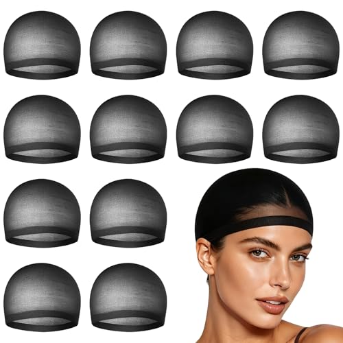 Black Wig Caps 12 Pcs Non-Slip Elastic Stocking Hair Nets for Wigs