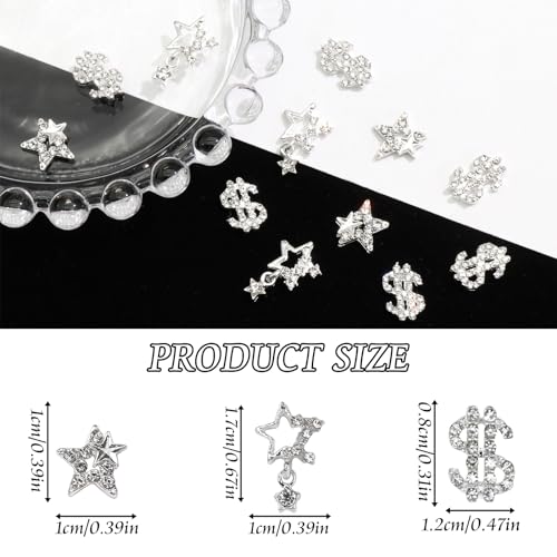 YAEISM 12PCS 3D Star & Dollar Sign Silver Crystal Nail Charms