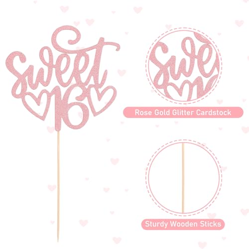 Rose Gold Glitter 16th Birthday Cake Topper - Sweet 16 Decoration