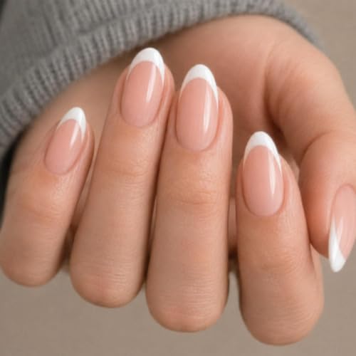 AzureBeauty White French Tip Short Almond Press On Nails, 32 Pcs