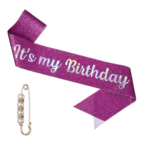 Glitter Purple Birthday Sash for Women with Pearl Pin