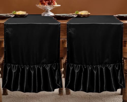 Black Satin Table Runner 2 Pack, 12x108 Inch Ruffle Design