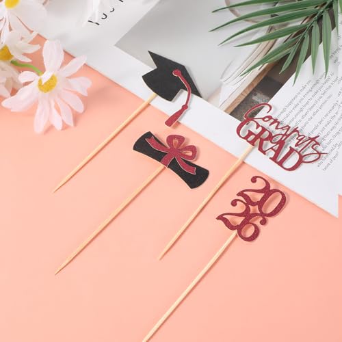 36 Pcs 2026 Graduation Cupcake Toppers Glitter Red And Black Party Picks