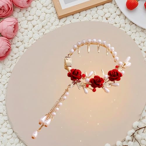 Rose Pearl Hair Claw Clip with Floral Tassel for Elegant Updo Styling