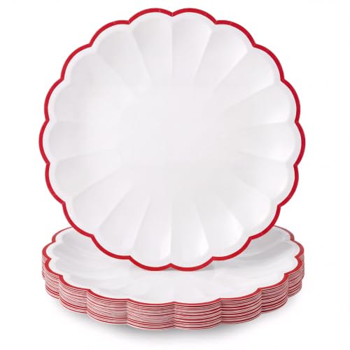 Christmas Plates 7.5 Inch Pack of 30 White and Red Scalloped Shell Design
