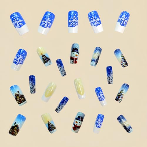 Glossy Blue Christmas Press-On Nails Medium Square Fake Nails with Snowman & Snowflake Design and 3D Rhinestones
