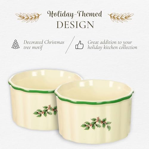 Set of 2 Christmas Tree Porcelain Ramekins - Holiday Dessert & Serving Bowls