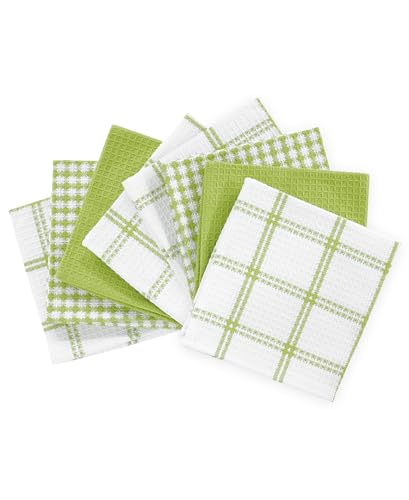T-Fal 100% Cotton Waffle Dish Cloths, 12"x13" Kitchen Towels - Green, 8-Pack