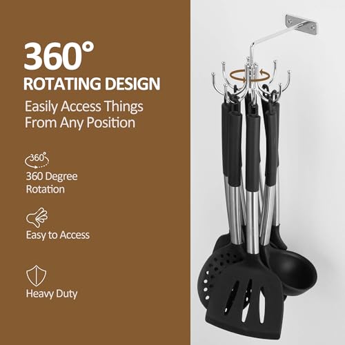 ZEDODIER 360° Rotating Kitchen Utensil Rack - Silver Wall-Mounted Holder