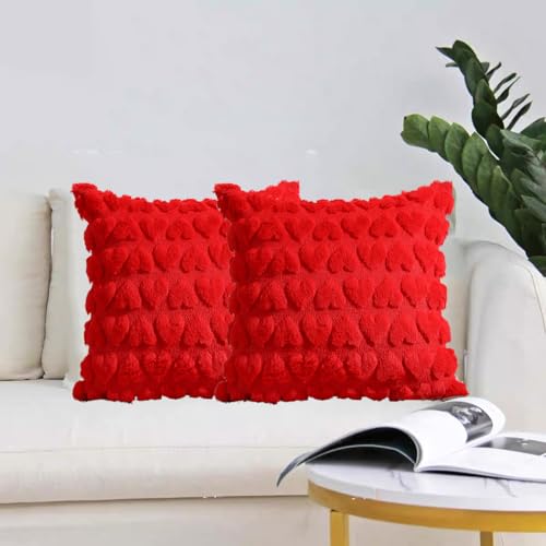 Red 3D Heart Valentine's Day Pillow Covers 18x18, Set of 2 Plush Cases