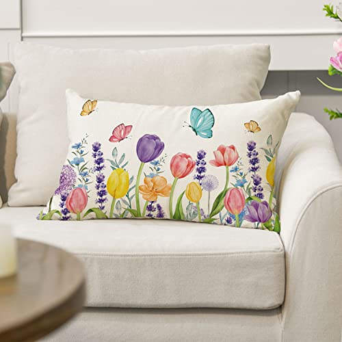 Spring Flowers Tulip Eucalyptus Butterfly Throw Pillow Cover - 12x20