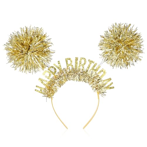 Happy Birthday Headband Pom Pom Tiara Crown for Girls and Women