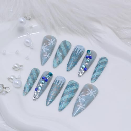 Christmas Press on Nails Long Almond False Nails with Rhinestones & Glitter