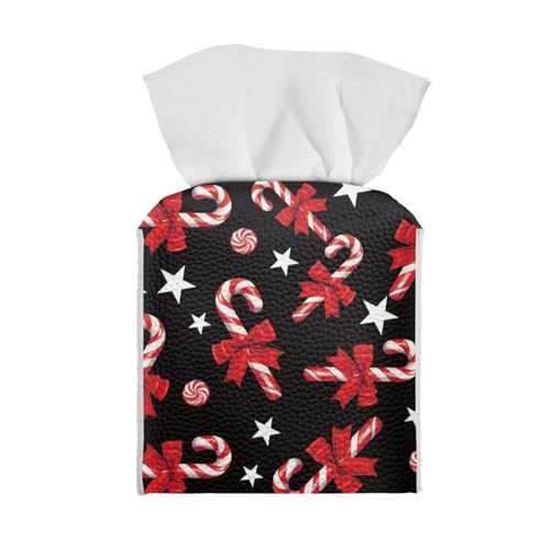 Doginthehole Red Candy Cane Tissue Box Cover PU Leather Square Holder with Belt Bottom, Christmas Decor