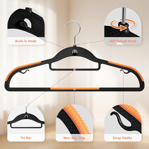 Yolife Vertical Cascading Clothes Hangers - 10 Pack, Non-Slip, Slim Space-Saving Design, 360° Swivel Hook, Black & Orange
