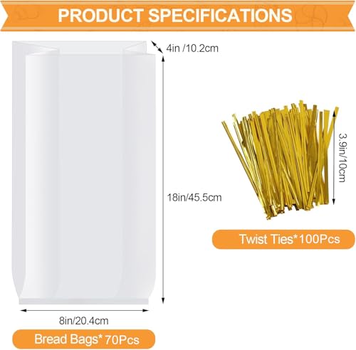vivinin 70 Pack Clear Bread Bags with 100 Ties, 8" x 4" x 18"